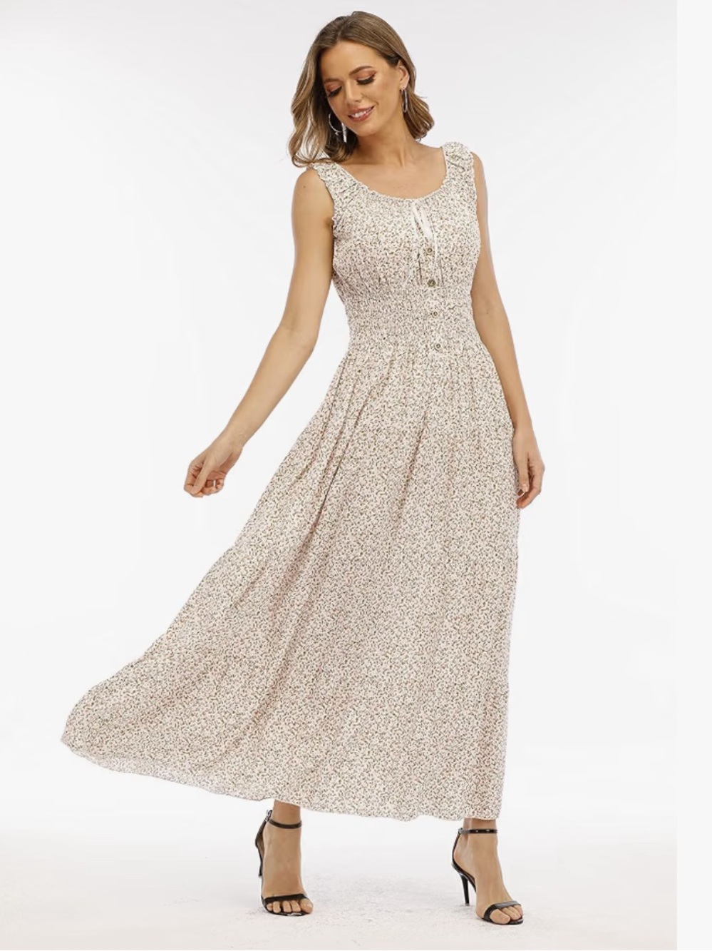 Sleeveless Floral Maxi Dress in Light Beige